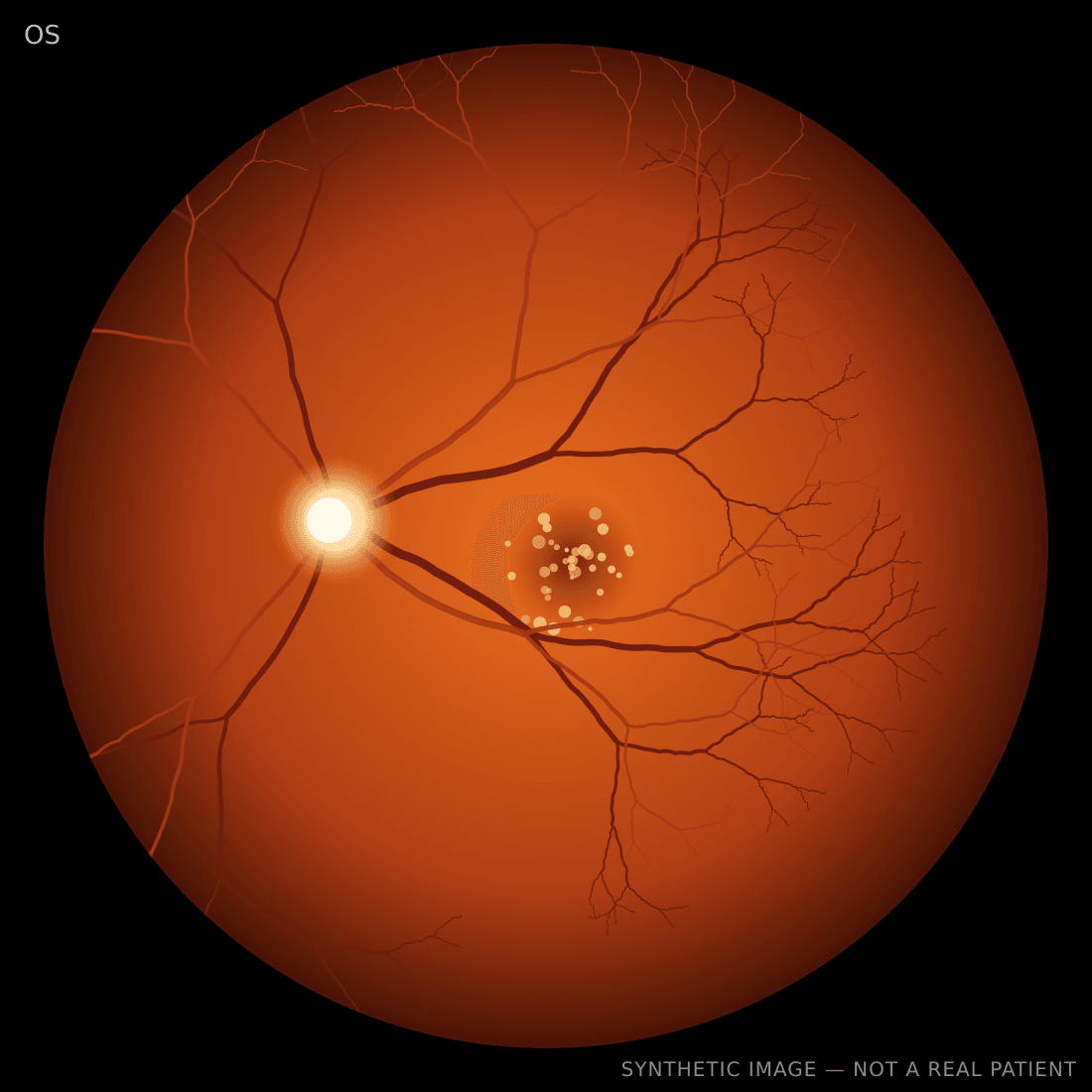 Synthetic fundus photograph of a left eye with drusen at the macula